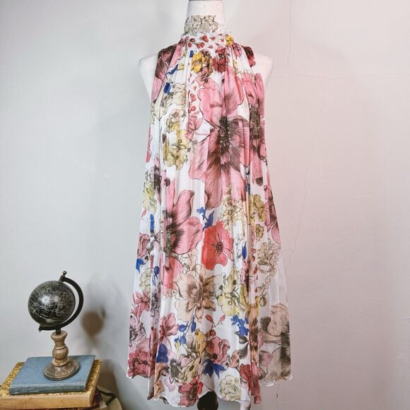 Reiss Dresses & Skirts - Reiss Mini Dress Kady Floral Chiffon Tie Neck Trapeze Romantic Size 2